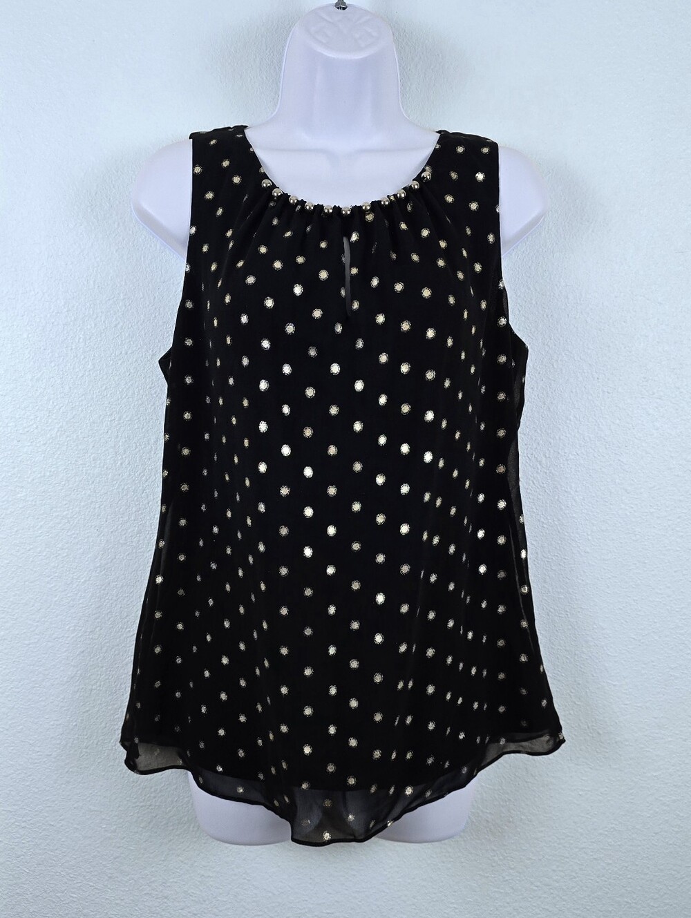 White House Black Market Black & Gold Metallic Polka Dot Embellished Blouse - S - Picture 2 of 16